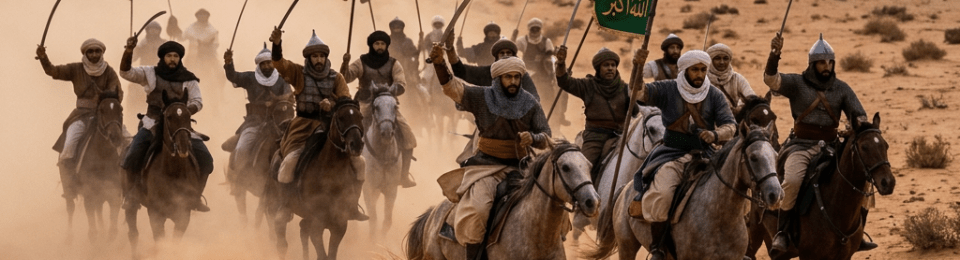Mounted warriors charging across desert with swords and green flags at sunset