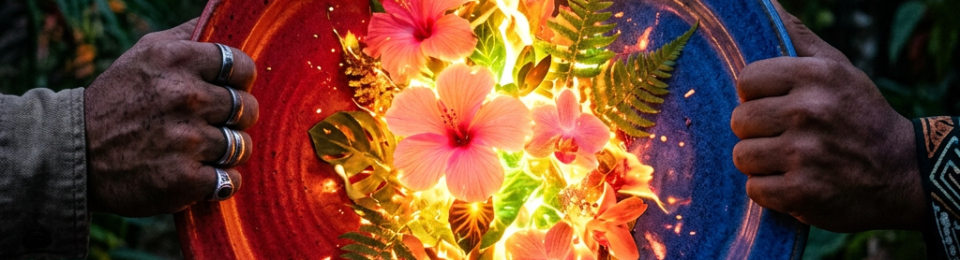 Hands holding red and blue plates with flowers and fire sparks between them