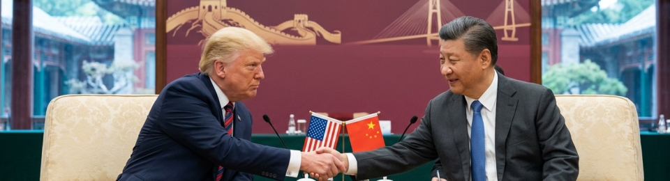Donald Trump and Xi Jinping shaking hands at a diplomatic meeting with flags and nameplates