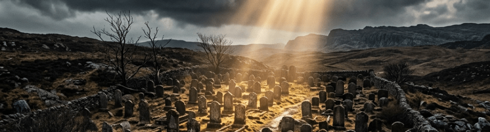 Sunlight shining through dark clouds onto an old graveyard surrounded by a stone wall